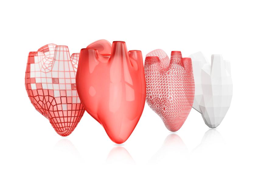 Bioprinting, illustration. Process of creating human hearts using 3D printer.