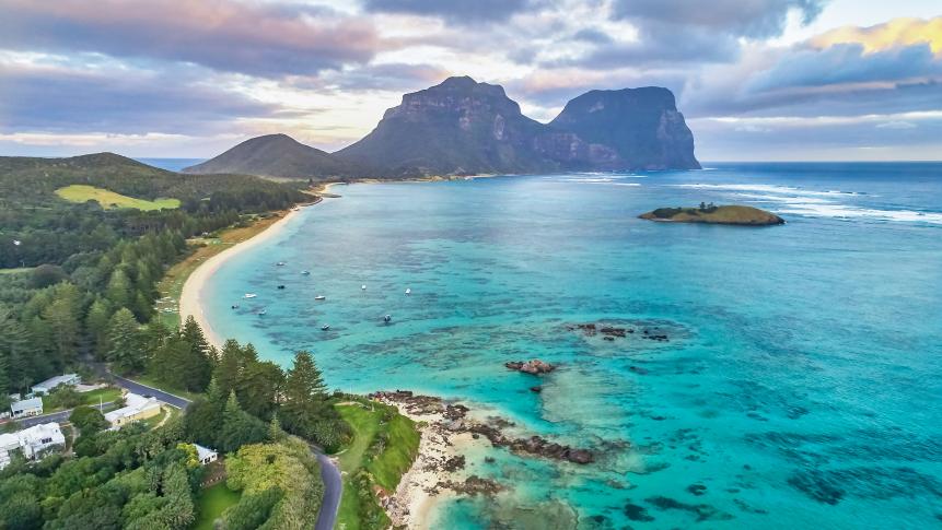 Aerial view of the lagoon and with Mount Lidgbird and Gower in background,Lord Howe Island,New South Wales,Australia