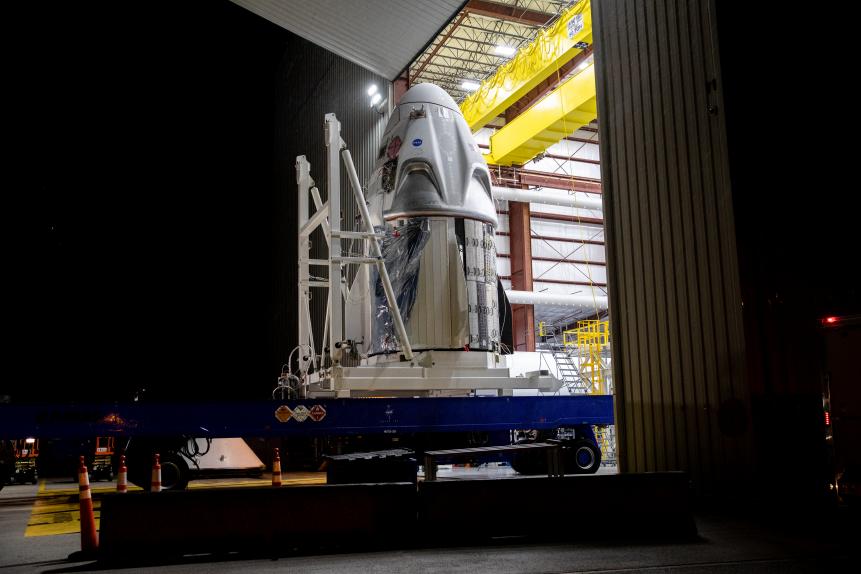 The SpaceX Crew Dragon spacecraft arrives at Launch Complex 39A at NASA’s Kennedy Space Center in Florida, transported from the company’s processing facility at Cape Canaveral Air Force Station on Friday, May 15, 2020, in preparation for the Demo-2 flight test with NASA astronauts Robert Behnken and Douglas Hurley to the International Space Station for NASA’s Commercial Crew Program. Crew Dragon will carry Behnken and Hurley atop a SpaceX Falcon 9 rocket, returning crew launches to the space station from U.S. soil for the first time since the Space Shuttle Program ended in 2011.