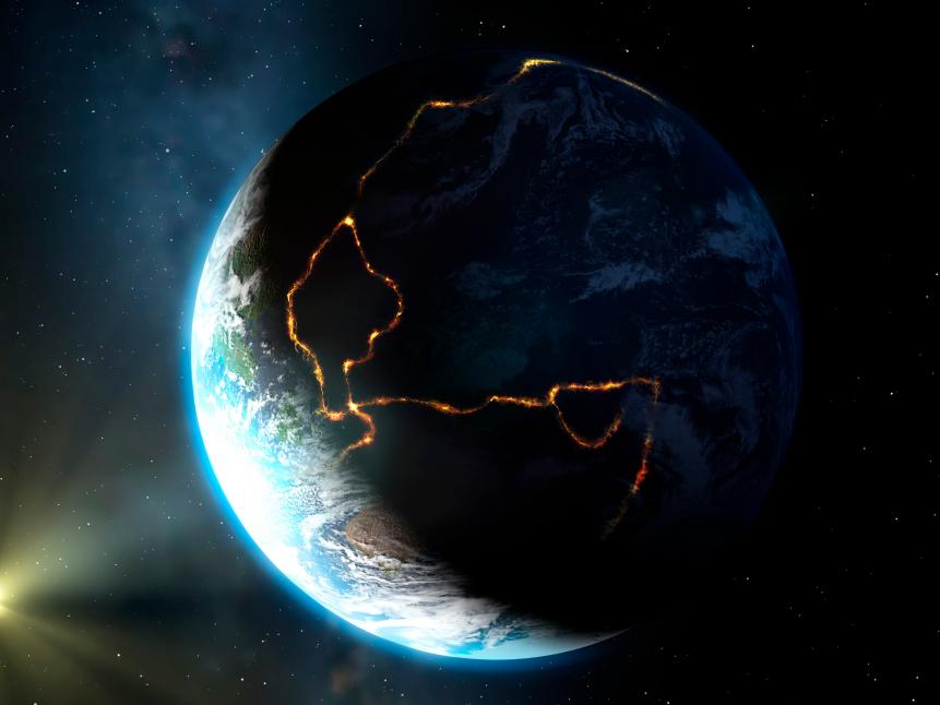 Artwork of the so-called ring of fire. This is a region of tectonic plate boundaries around the Pacific Ocean, where earthquakes and volcanoes are common. Australia is visible on the day-night terminator at bottom left.
