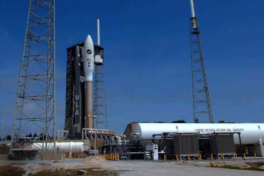 A United Launch Alliance Atlas V rocket carrying the X-37B Orbital Test Vehicle (OTV-6) stands ready on May 15, 2020 for a scheduled launch tomorrow at Cape Canaveral Air Force Station in Cape Canaveral, Florida. The USSF-7 mission for the U.S. Space Force will be the sixth flight of the OTV-6 space plane, an unmanned spacecraft which resembles a miniature version of NASA's retired space shuttle. (Photo by Paul Hennessy/NurPhoto via Getty Images)