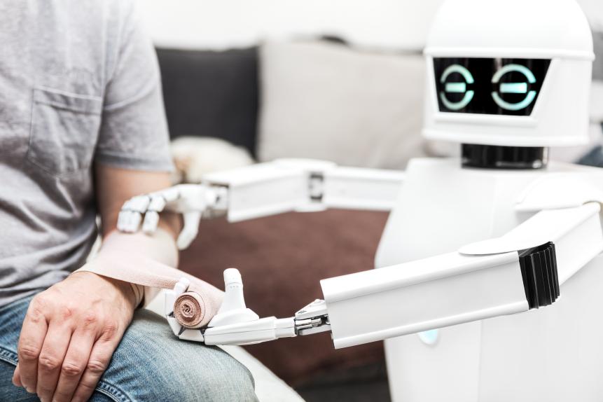 assistance medicine service robot is putting a bandage on a arm of an male patient, at home in the bedroom