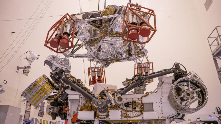 The Mars Perseverance rover is attached to its rocket-powered descent stage inside the Payload Hazardous Servicing Facility at NASA’s Kennedy Space Center in Florida on April 23, 2020. The rover and descent stage are the first spacecraft components to come together for launch — and they will be the last to separate when the spacecraft reaches Mars. At about 65 feet over the Martian surface, separation bolts will fire and the descent stage will lower Perseverance onto the Red Planet. Launch, aboard a United Launch Alliance Atlas V 541 rocket, is targeted between July 17 and Aug. 5 from Cape Canaveral Air Force Station. NASA’s Launch Services Program based at Kennedy is managing the launch.