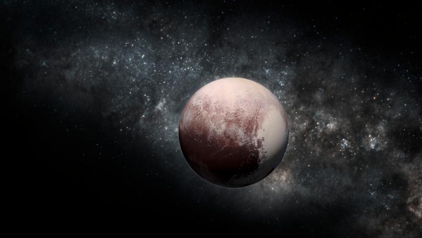 Pluto. Illustration incorporating NASA New Horizons terrain imagery.