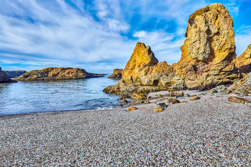 Glass beach, a former dump site in which the glass has now become pebbles of sea glass, MacKerricher State Park, California,USA