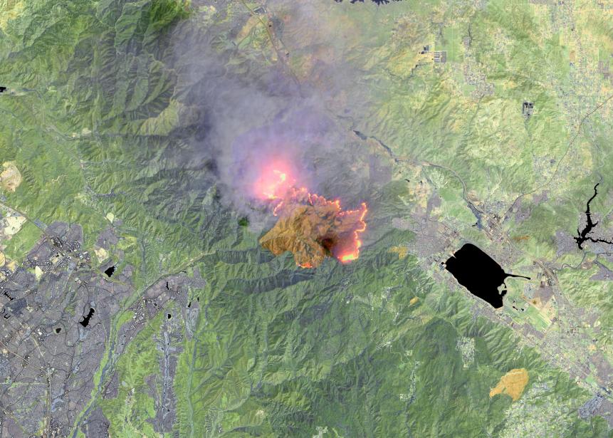 HOLY FIRE, CALIFORNIA, UNITED STATES, AUGUST 18, 2018: This is an enhanced Landsat-8 thermal satellite image of the Holy Fire, in Orange County, east of Long Beach, California.  (Photo enhanced by maps4media via Getty Images)