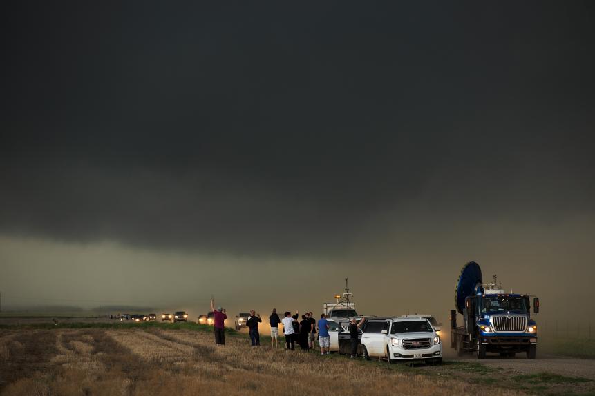 OLUSTEE, OK - MAY 10: A caravan of storm chasers arrive on the scene of a supercell thunderstorm, May 10, 2017 in Olustee, Oklahoma. Wednesday was the group's third day in the field for the 2017 tornado season for their research project titled 'TWIRL.' With funding from the National Science Foundation and other government grants, scientists and meteorologists from the Center for Severe Weather Research try to get close to supercell storms and tornadoes trying to better understand tornado structure and strength, how low-level winds affect and damage buildings, and to learn more about tornado formation and prediction. (Photo by Drew Angerer/Getty Images)