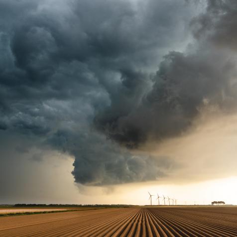 This is a picture of a storm as it is building up over an uncultivated  agricultural field and some wind turbines in the horizon. It was shot at a location in the eastern part of the Netherlands.