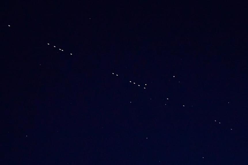 VLADIVOSTOK, RUSSIA - APRIL 27, 2020: 60 of the Starlink Internet communication satellites of Elon Musk's SpaceX private spaceflight company seen in the night sky. On April 22, 2020, SpaceX successfully launched 60 Starlink satellites into orbit on the Falcon 9 rocket from NASA's Kennedy Space Center at Cape Canaveral. The Starlink project is aimed at providing low-cost internet to remote locations; SpaceX is planning to launch into orbit about 30,000 satellites. Following the launch of the first batch of the Starlink satellites, the International Astronomical Union (IAU) and the US National Radio Astronomy Observatory (NRAO) expressed concerns about the satellites being too bright and forming a 'megaconstellation' and thus causing serious problems for astronomers.  Yuri Smityuk/TASS (Photo by Yuri Smityuk\TASS via Getty Images)
