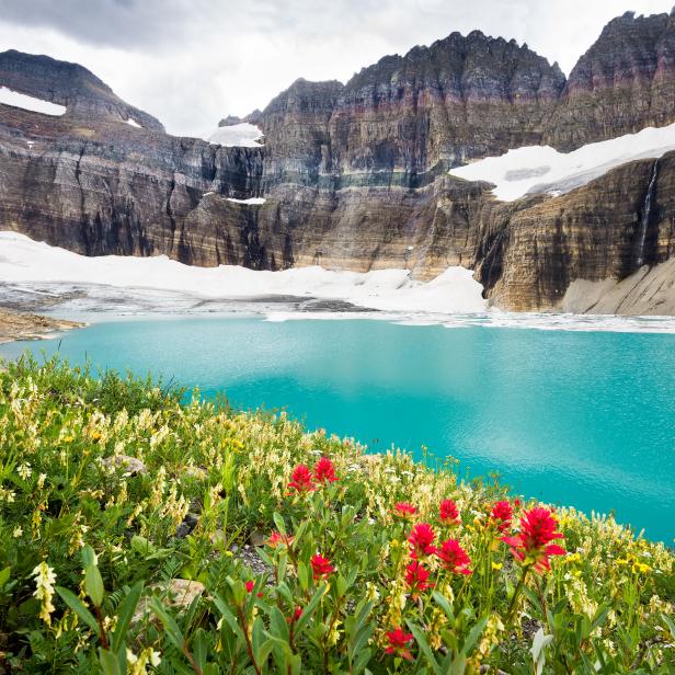 Stunning turquoise colored water at the base of Grinnell Glacier in Glacier National Park.