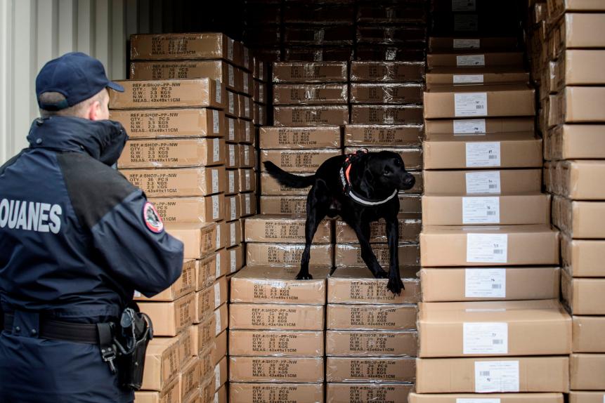A customs officer looks at a sniffer dog going through packages in a shipping container during a demonstration of the French customs' techniques, on the sidelines of the French minister of Public Action and Accounts' presentation of the French customs' annual results for 2017, in Gennevilliers, northwest of Paris, on March 13, 2018. (Photo by Philippe LOPEZ / AFP)        (Photo credit should read PHILIPPE LOPEZ/AFP via Getty Images)