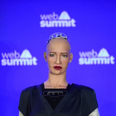 LISBON , PORTUGAL - 6 November 2019; Sophia The Female Robot during a press conference in the Media Village during day two of Web Summit 2019 at the Altice Arena in Lisbon, Portugal. (Photo By Stephen McCarthy/Sportsfile for Web Summit via Getty Images)
