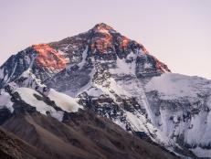 Sunset over the Mt Everest north face from the Rongbuk Monastery, at an altitude of 5200m, in Tibet Autonomous region in China.