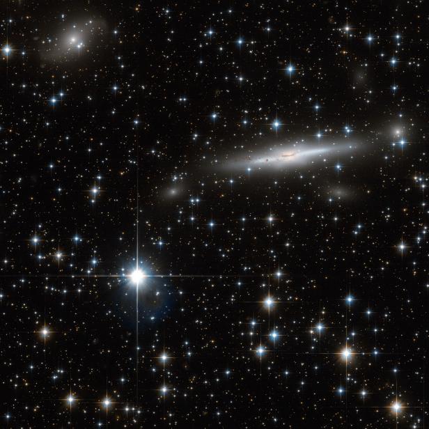 A  busy patch of space has been captured in this image from the NASA/ESA  Hubble Space Telescope. Scattered with many nearby stars, the field also  has numerous galaxies in the background. Located  on the border of Triangulum Australe (The Southern Triangle) and Norma  (The Carpenter’s Square), this field covers part of the Norma Cluster  (Abell 3627) as well as a dense area of our own galaxy, the Milky Way. The  Norma Cluster is the closest massive galaxy cluster to the Milky Way,  and lies about 220 million light-years away. The enormous mass  concentrated here, and the consequent gravitational attraction, mean  that this region of space is known to astronomers as the Great  Attractor, and it dominates our region of the Universe. The  largest galaxy visible in this image is ESO 137-002, a spiral galaxy  seen edge on. In this image from Hubble, we see large regions of dust  across the galaxy’s bulge. What we do not see here is the tail of glowing X-rays that has been observed extending out of the galaxy — but which is invisible to an optical telescope like Hubble. Observing  the Great Attractor is difficult at optical wavelengths. The plane of  the Milky Way — responsible for the numerous bright stars in this image —  both outshines (with stars) and obscures (with dust) many of the  objects behind it. There are some tricks for seeing through this —  infrared or radio observations, for instance — but the region behind the  centre of the Milky Way, where the dust is thickest, remains an almost  complete mystery to astronomers. This image consists of exposures in blue and infrared light taken by Hubble’s Advanced Camera for Surveys.
