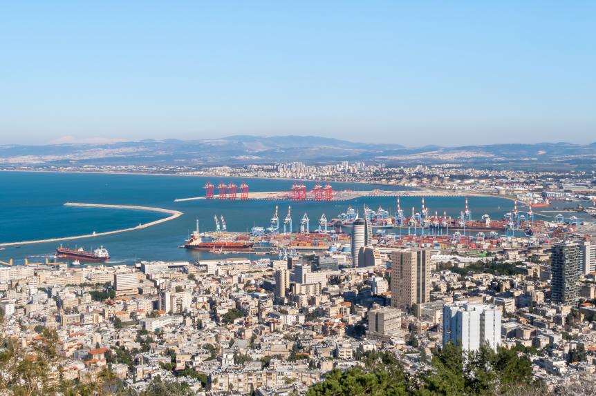 View from Mount Carmel to the downtown, the port and the Mediterranean Sea and Haifa city, in Israel.