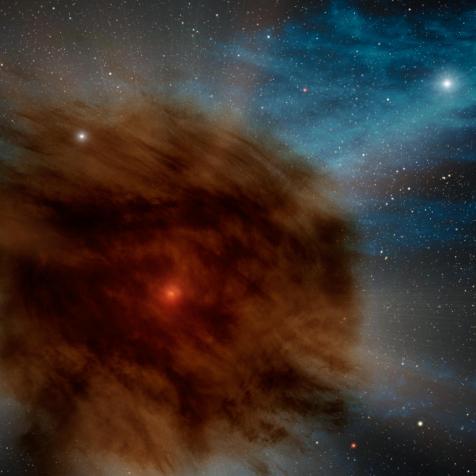 While searching the skies for black holes using NASA's Spitzer Space Telescope, astronomers discovered a giant supernova that was smothered in its own dust. In this artist's rendering, an outer shell of gas and dust - which erupted from the star hundreds of years ago - obscures the supernova within. This event in a distant galaxy hints at one possible future for the brightest star system in our own Milky Way.