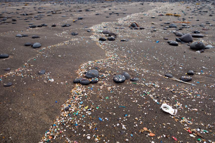 Spain, Canary Islands, Lanzarote, Playa Famara, microplastics, washed up on dark lava sand