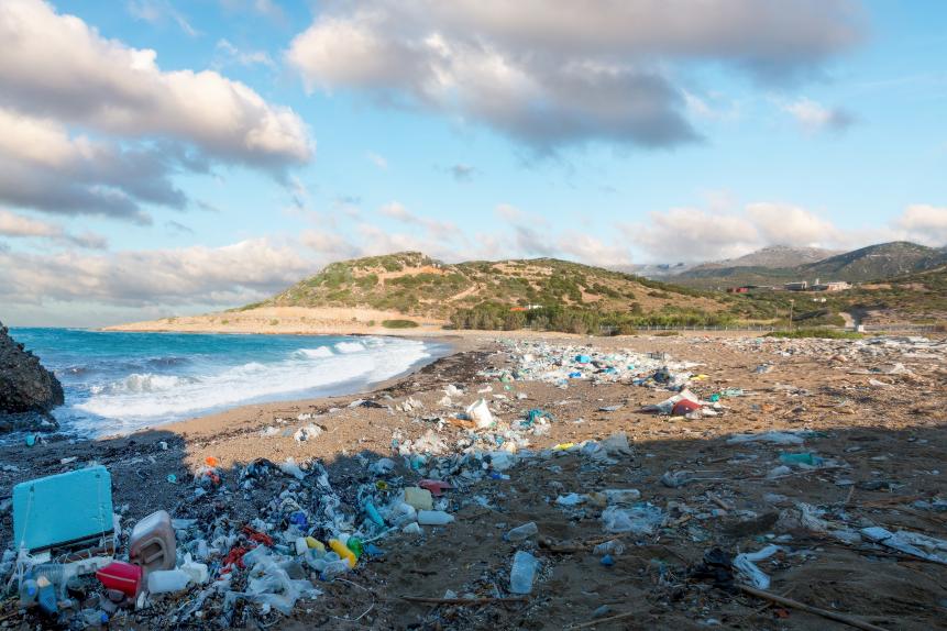 Plastic waste washes up on a beach in Greece.