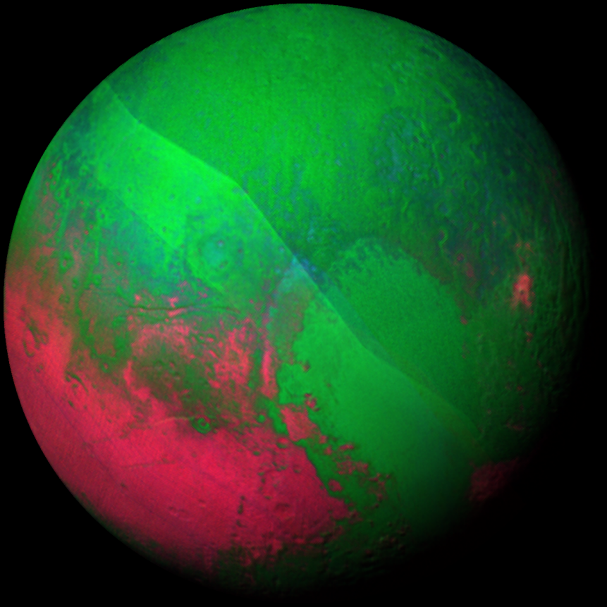 Pluto gets into the holiday spirit, decked out in red and green. This image was produced by the New Horizons composition team, using a pair of Ralph/LEISA instrument scans obtained at approximately 9:40 AM on July 14, from a mean range of 67,000 miles (108,000 kilometers). The resolution is about 7 kilometers per LEISA pixel. Three infrared wavelength ranges (2.28-2.23, 1.25-1.30 and 1.64-1.73 microns) were placed into the three color channels (red, green and blue, respectively) to create this false color Christmas portrait.