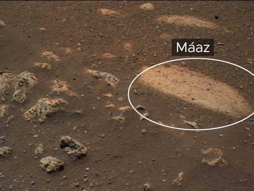 This rock, called “Máaz” (the Navajo word for “Mars”), is the first feature of scientific interest to be studied by NASA’s Perseverance Mars rover.