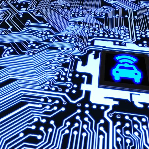 Blue circuit board closeup connected to a cpu with a glowing car wifi symbol on top smart vehicle concept 3D illustration