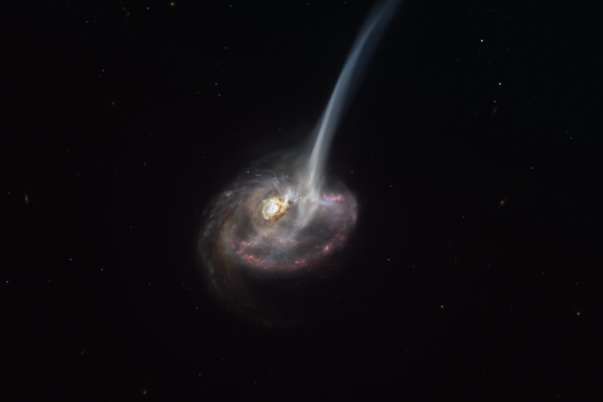 This artist’s impression of ID2299 shows the galaxy, the product of a galactic collision, and some of its gas being ejected by a “tidal tail” as a result of the merger. New observations made with ALMA, in which ESO is a partner, have captured the earliest stages of this ejection, before the gas reached the very large scales depicted in this artist’s impression