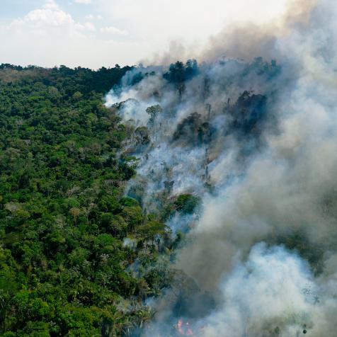 Aerial view of a burning area of Amazon rainforest reserve, south of Novo Progresso in Para state, on August 16, 2020. (Photo by FLORIAN PLAUCHEUR / AFP) (Photo by FLORIAN PLAUCHEUR/AFP via Getty Images)
