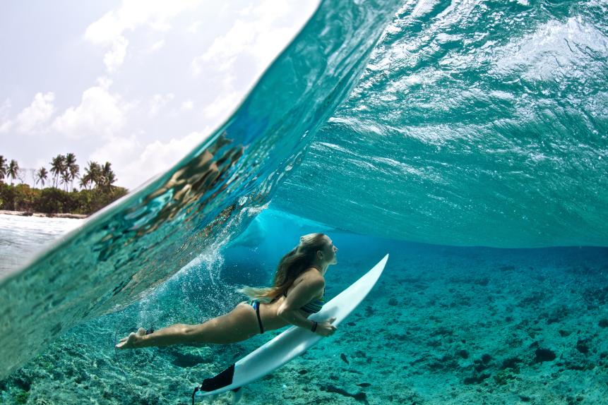 Over under shot of a surfer girl duck diving a tropical wave with palm trees in the background.
