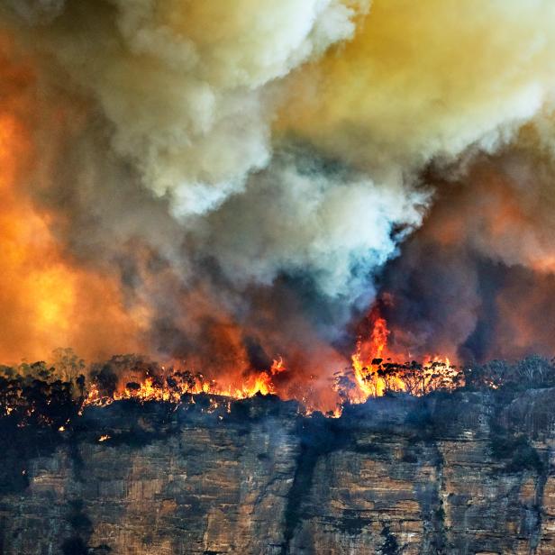 Out of control fire on Narrow Neck Plateau, Katoomba, Blue Mountains, Australia. Climate change is causing extreme weather, prolonged droughts and increasing bushfires