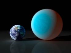 This artist’s concept contrasts our familiar Earth with the exceptionally strange planet known as 55 Cancri e. While it is only about twice the size of the Earth, NASA's Spitzer Space Telescope has gathered surprising new details about this supersized and superheated world.Astronomers first discovered 55 Cancri e in 2004, and continued investigation of the exoplanet has shown it to be a truly bizarre place. The world revolves around its sun-like star in the shortest time period of all known exoplanets – just 17 hours and 40 minutes. (In other words, a year on 55 Cancri e lasts less than 18 hours.) The exoplanet orbits about 26 times closer to its star than Mercury, the most Sun-kissed planet in our solar system. Such proximity means that 55 Cancri e's surface roasts at a minimum of 3,200 degrees Fahrenheit (1,760 degrees Celsius).The new observations with Spitzer reveal 55 Cancri e to have a mass 7.8 times and a radius just over twice that of Earth. Those properties place 55 Cancri e in the "super-Earth" class of exoplanets, a few dozen of which have been found.  However, what makes this world so remarkable is the resulting low density derived from these measurements.The Spitzer results suggest that about a fifth of the planet's mass must be made of light elements and compounds, including water. In the intense heat of 55 Cancri e's terribly close sun, those light materials would exist in a "supercritical" state, between that of a liquid and a gas, and might sizzle out of the planet's surface.Only a handful of known super-Earths, however, cross the face of their stars as viewed from our vantage point in the cosmos. At just 40 light years away, 55 Cancri e stands as the smallest transiting super-Earth in our stellar neighborhood. In fact, 55 Cancri is so bright and close that it can be seen with the naked eye on a clear, dark night.