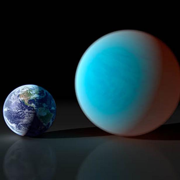 This artist’s concept contrasts our familiar Earth with the exceptionally strange planet known as 55 Cancri e. While it is only about twice the size of the Earth, NASA's Spitzer Space Telescope has gathered surprising new details about this supersized and superheated world.Astronomers first discovered 55 Cancri e in 2004, and continued investigation of the exoplanet has shown it to be a truly bizarre place. The world revolves around its sun-like star in the shortest time period of all known exoplanets – just 17 hours and 40 minutes. (In other words, a year on 55 Cancri e lasts less than 18 hours.) The exoplanet orbits about 26 times closer to its star than Mercury, the most Sun-kissed planet in our solar system. Such proximity means that 55 Cancri e's surface roasts at a minimum of 3,200 degrees Fahrenheit (1,760 degrees Celsius).The new observations with Spitzer reveal 55 Cancri e to have a mass 7.8 times and a radius just over twice that of Earth. Those properties place 55 Cancri e in the "super-Earth" class of exoplanets, a few dozen of which have been found.  However, what makes this world so remarkable is the resulting low density derived from these measurements.The Spitzer results suggest that about a fifth of the planet's mass must be made of light elements and compounds, including water. In the intense heat of 55 Cancri e's terribly close sun, those light materials would exist in a "supercritical" state, between that of a liquid and a gas, and might sizzle out of the planet's surface.Only a handful of known super-Earths, however, cross the face of their stars as viewed from our vantage point in the cosmos. At just 40 light years away, 55 Cancri e stands as the smallest transiting super-Earth in our stellar neighborhood. In fact, 55 Cancri is so bright and close that it can be seen with the naked eye on a clear, dark night.