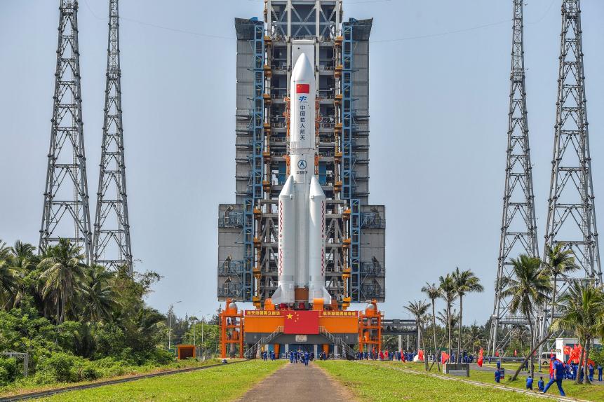 This photo taken on April 23, 2021 shows the Long March 5B rocket, which is expected to launch China's Tianhe space station core module on April 29, at the Wenchang Spacecraft Launch Site in southern China's Hainan province. - China OUT (Photo by STR / China News Service (CNS) / AFP) / China OUT (Photo by STR/China News Service (CNS)/AFP via Getty Images)