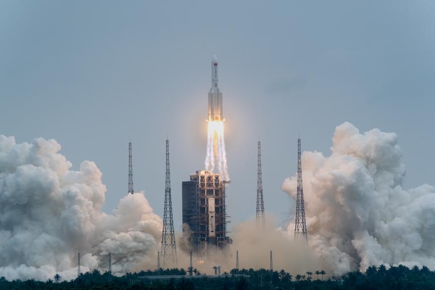 WENCHANG, CHINA - APRIL 29 2021: A Long March-5B Y2 rocket, carrying the Tianhe module for the Chinese space station, blasts off from the Wenchang Spacecraft Launch Site in Wenchang in south China&#039;s Hainan province Thursday, April 29, 2021. Tianhe, with a total length of 16.6 meters and a maximum diameter of 4.2 meters, is the largest spacecraft developed by China. (Photo credit should read Feature China/Barcroft Media via Getty Images)