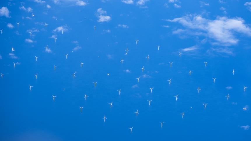 Aerial image of an offshore wind farm in the North Sea, Europe