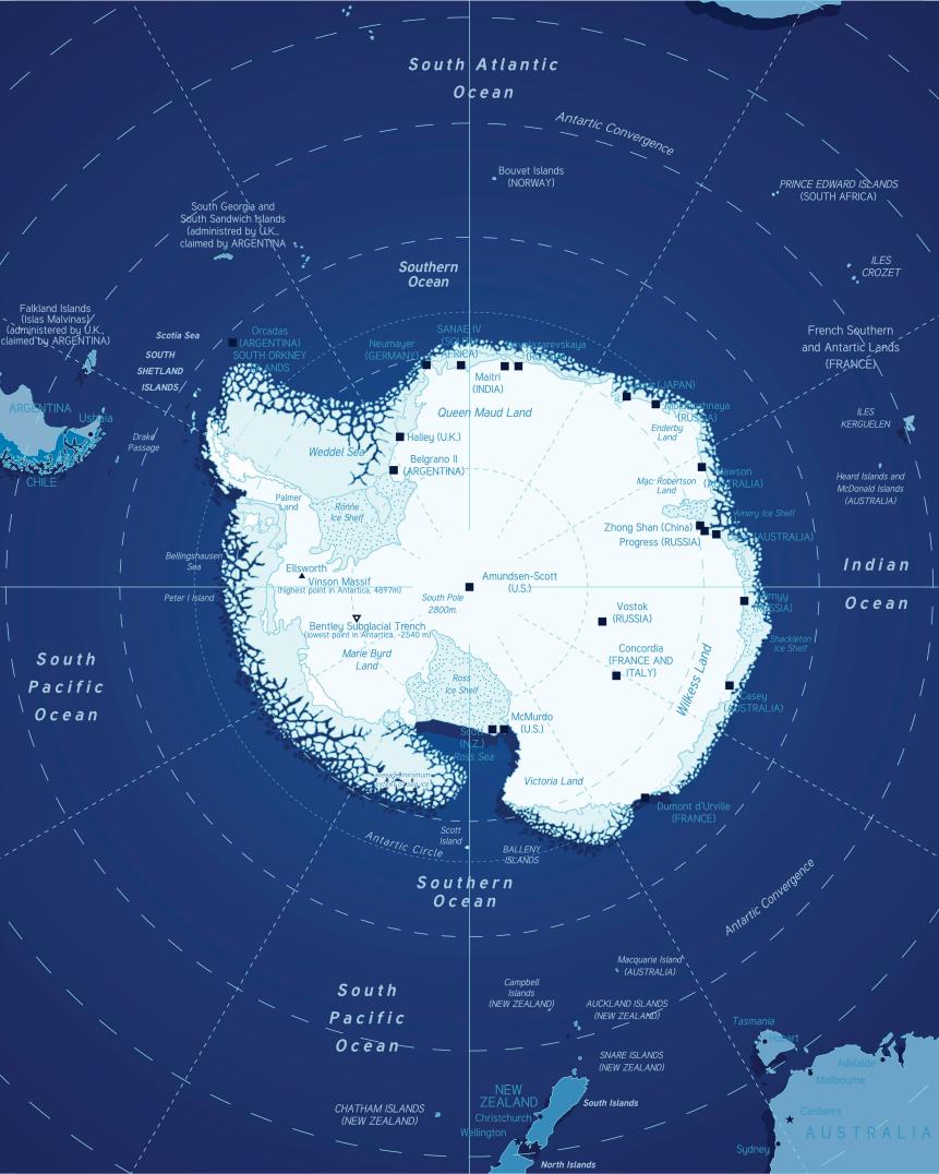 Vector illustration of precise map of Antarctic region.