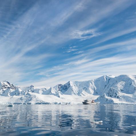 View of the Akademik Sergey Vavilov, a Russian polar research vessel, in the Antarctic.