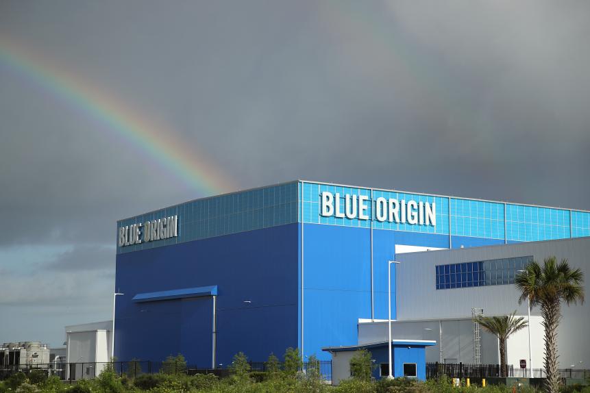 CAPE CANAVERAL, FLORIDA  - AUGUST 31: Storm clouds and a rainbow appear over Jeff Bezos Blue Origin Aerospace Manufacturer building as Hurricane Dorian approaches Florida, on August 31, 2019 in Cape Canaveral, Florida. Dorian could be a Category 4 storm as it approaches the state and possibly making landfall as early as Monday somewhere along the east coast.  (Photo by Mark Wilson/Getty Images)