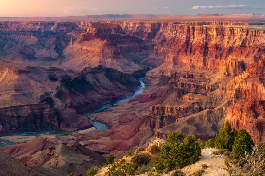 Colorful sunset overlooking the Colorado River deep in the Grand Canyon