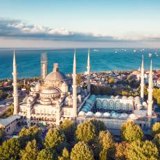 Sunrise drone photo of Sultan Ahmed Mosque and the Istanbul cityscape in the dawn.The Sultan Ahmed Mosqueï¼ The Blue Mosque) is a historic mosque located in Istanbul, Turkey. A popular tourist site.Photo taken on 08/11/2019 by drone device.