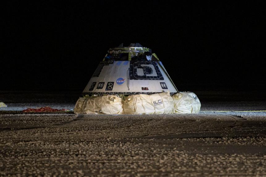 The Boeing CST-100 Starliner spacecraft is seen after it landed in White Sands, New Mexico, Sunday, Dec. 22, 2019. The landing completes an abbreviated Orbital Flight Test for the company that still meets several mission objectives for NASA’s Commercial Crew program. The Starliner spacecraft launched on a United Launch Alliance Atlas V rocket at 6:36 a.m. Friday, Dec. 20 from Space Launch Complex 41 at Cape Canaveral Air Force Station in Florida. Photo Credit: (NASA/Bill Ingalls)