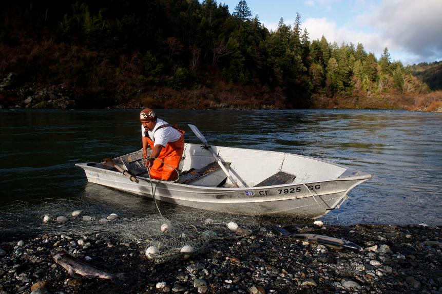Yurok tribe member, Thomas Willson of Weitchpec, Ca. uses a row boat to string drift net across the Klamath River in search for Steelhead Trout. He lives on the Eastern most edge of teheYurok tribal lands.  Photo By Michael Macor/San Francisco Chronicle  Photographed in, Klamath, Ca, on 2/12/08 (Photo By Michael Macor/The San Francisco Chronicle via Getty Images)