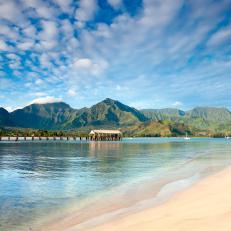 World famous Hanalei Bay seascape scenic beach in Hanalei, Kauai, Hawaii.