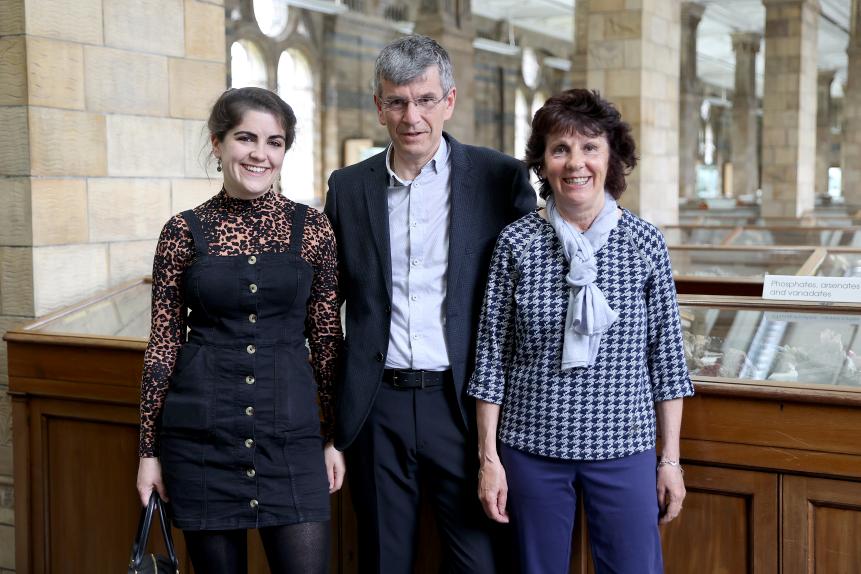 LONDON, ENGLAND - MAY 13: Hannah Wilcock, Rob Wilcock and Cathyrn Wilcock who discovered The Winchcombe meteorite (that has gone on display at the Natural History Museum) pose for a photograph at the Natural History Museum on May 13, 2021 in London, England. The meteorite is a rare type, the first to fall in 30 years. The Natural History Museum re-opens to the public on Monday 17th May. (Photo by Chris Jackson/Getty Images)
