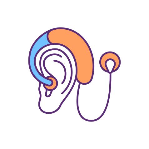 Cochlear implant RGB color icon. Hearing aids. Assistive listening device. Sounds and speech processing, transmission. Medical prosthesis. Hearing problems detection. Isolated vector illustration