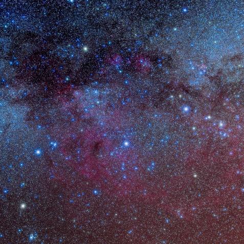 Panoramic view of the constellations of Puppis and Vela in the southern Milky Way, plus the large Gum Nebula.
