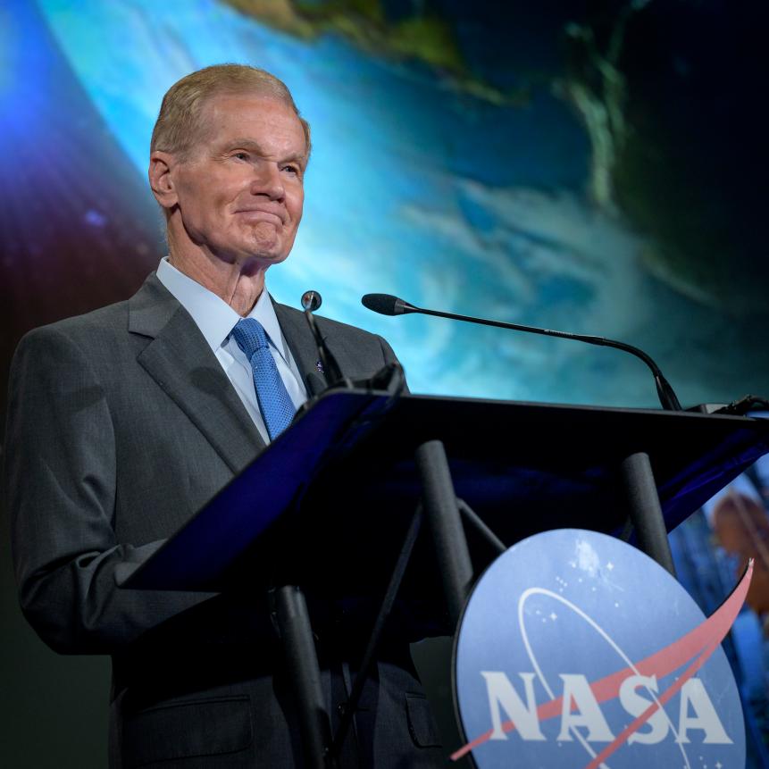 WASHINGTON, DC - JUNE 2:  In this handout image provided by the U.S. National Aeronatics and Space Administration (NASA), Administrator Bill Nelson talks to the agency's workforce during his first state of NASA event at NASA headquarters in the Mary W. Jackson Building June 2, 2021 in Washington, DC. Nelson remarked on his long history with NASA, and among other topics, discussed the agency's plans for future Earth-focused missions to address climate change; a robotic and human return to the Moon through the Artemis program; and two new planetary science missions to Venus for the late 2020s called VERITAS and DAVINCI+.  (Photo by Bill Ingalls/NASA via Getty Images)