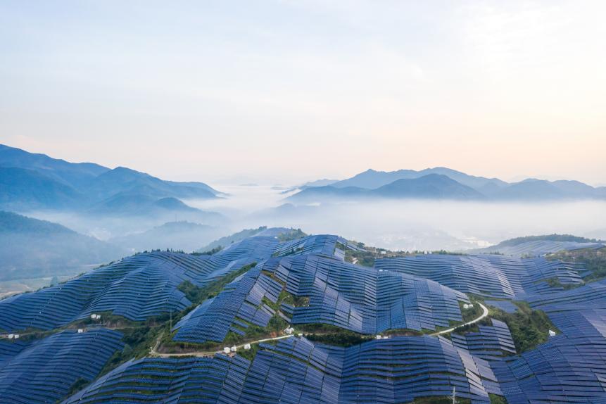 Beautiful mountain solar power station in the morning