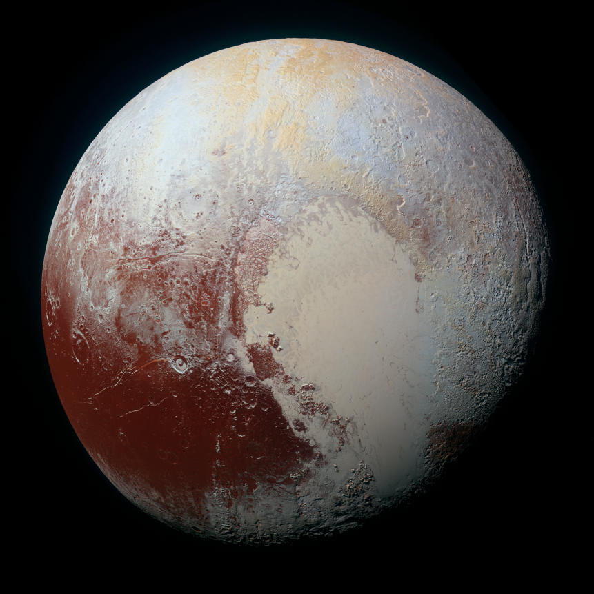 NASA’s New Horizons spacecraft captured this high-resolution enhanced color view of Pluto on July 14, 2015. The image combines blue, red and infrared images taken by the Ralph/Multispectral Visual Imaging Camera (MVIC). Pluto’s surface sports a remarkable range of subtle colors, enhanced in this view to a rainbow of pale blues, yellows, oranges, and deep reds. Many landforms have their own distinct colors, telling a complex geological and climatological story that scientists have only just begun to decode. The image resolves details and colors on scales as small as 0.8 miles (1.3 kilometers). 