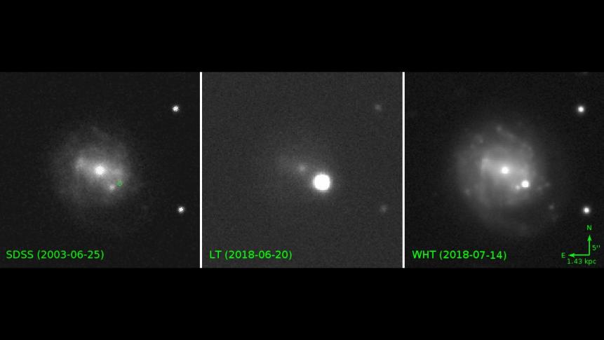 Astronomers using ground-based observatories caught the progression of a cosmic event nicknamed "the Cow," as seen in the three images.