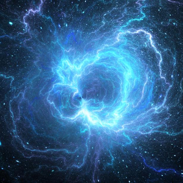 Blue glowing giant lightning energy field in space, computer generated abstract background, 3D rendering